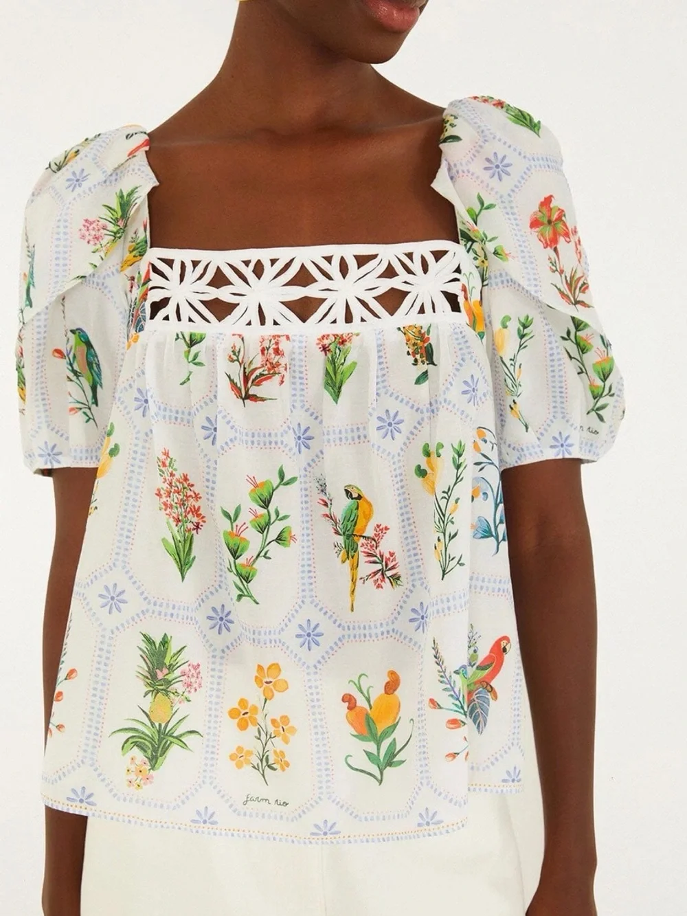 Floral Print Square Neck Puff Sleeve Top - White